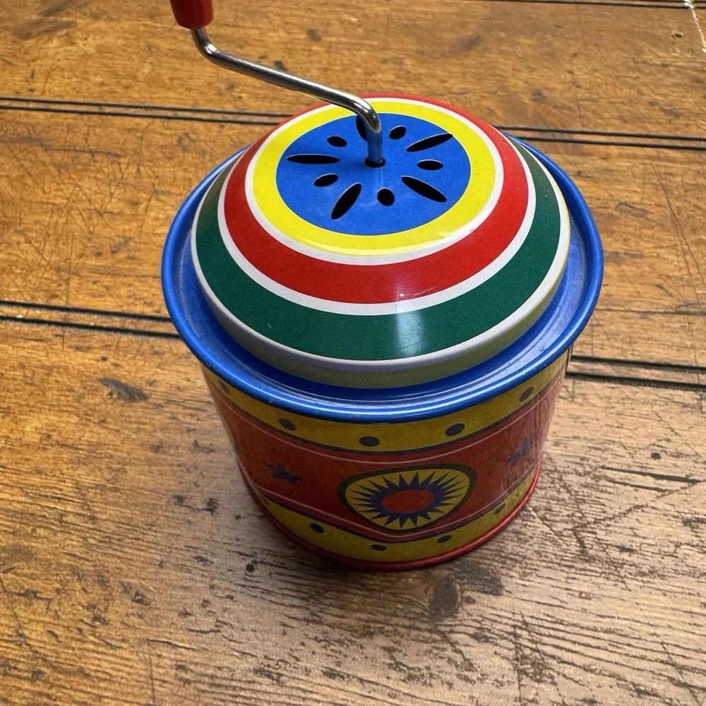 Schylling Tin Music Box Crank Toy Round Retro Style Classic Works Great